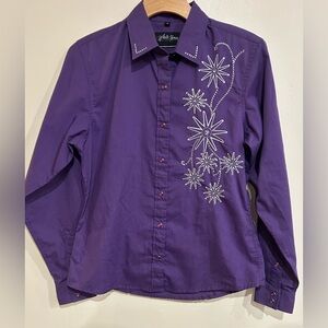 VTG White Horse Western Cowgirl Rodeo Pearl Snap Floral Sequin Button Down Small